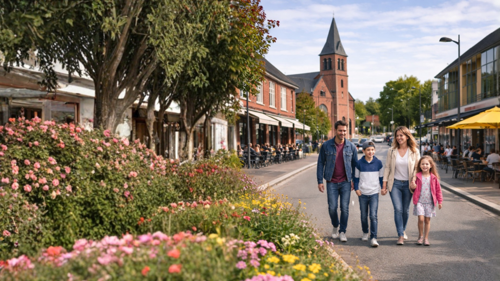 Famille marchant entre les maisons et immeubles résidentiels à Villeneuve-d’Ascq, dans un quartier calme et arboré.