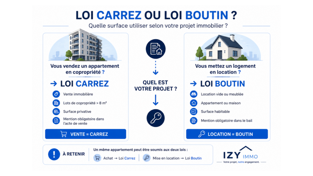 Infographie pour savoir quand utiliser la loi Carrez ou la loi Boutin