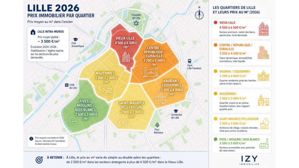 Carte des prix immobiliers à Lille en 2026 avec répartition par quartier : Vieux-Lille, centre, Wazemmes, Vauban et zones émergentes pour acheter ou investir.