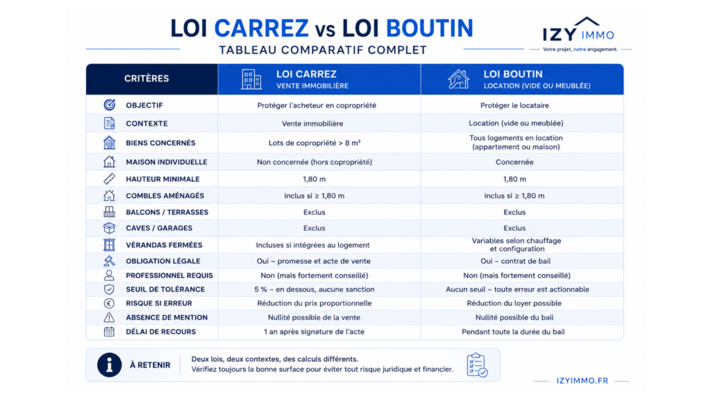 Tableau comparatif entre surface loi Carrez et surface habitable loi Boutin