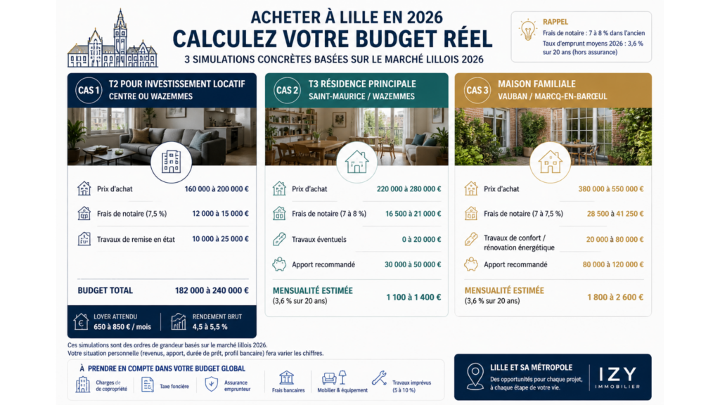 Simulation de budget immobilier à Lille en 2026 avec 3 cas concrets : investissement locatif T2, résidence principale T3 et maison familiale avec coûts détaillés.